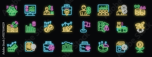 Glowing neon icons representing various aspects of finance, from traditional banking to cryptocurrency and investment strategies