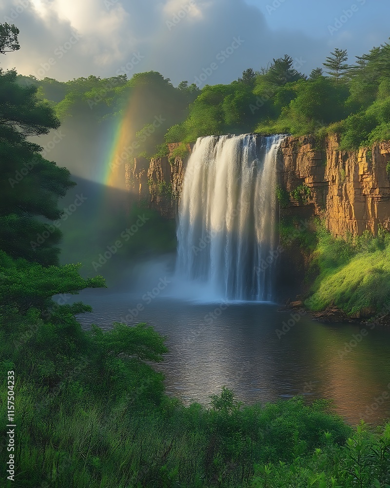 Fototapeta premium Majestic waterfall with rainbow, lush greenery, and sunlight.