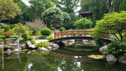 Tranquil Japanese Garden with Wooden Bridge Over Still Water Surrounded by Lush Greenery and Vibrant Floral Accents in Peaceful Natural Landscape