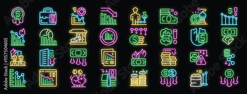 Set of vibrant neon icons illustrating various aspects of financial downturn, including decreasing charts, falling money, and economic instability