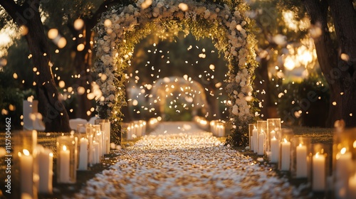 An elegant wedding scene featuring a white and gold floral arch, glittery confetti floating in the soft evening light, and a pathway lined with glowing candles.