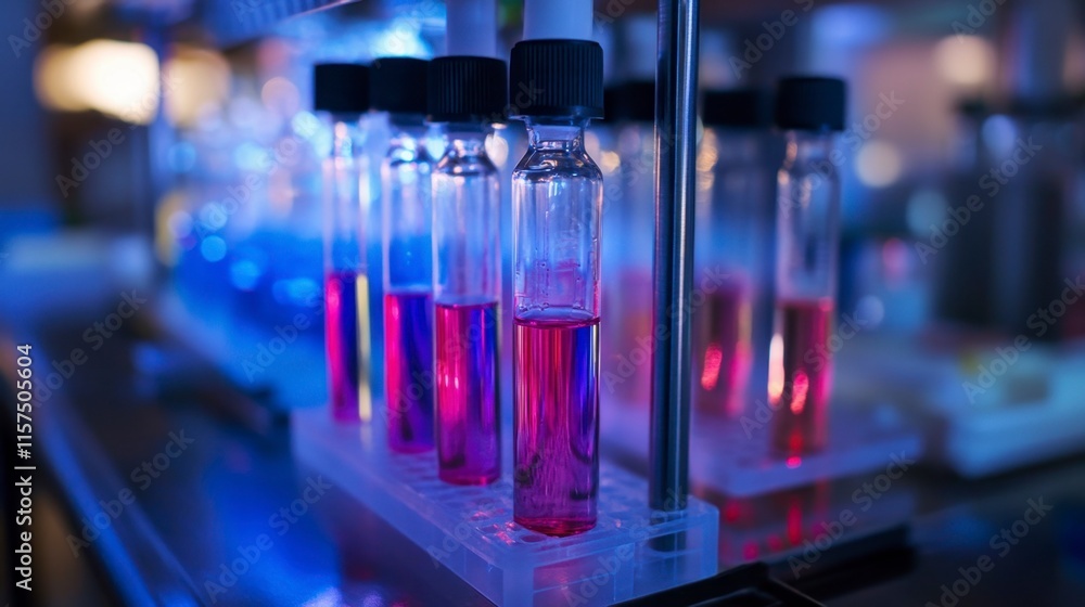 Science Lab: Colorful Test Tubes in Rack, Research, Experiment Science Lab: Colorful Test Tubes in Rack, Research, Experiment