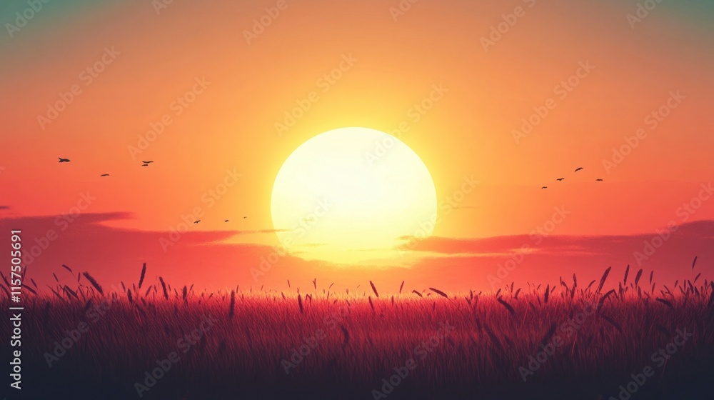 Obraz premium Sunset over Grassland, Birds in Flight, Serene Landscape