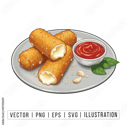 Delicious Crispy Mozzarella Sticks with Marinara Sauce - Vector Illustration