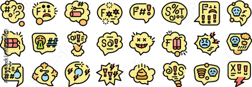 Collection of colorful speech bubbles with swear words, insults, and negative emotions