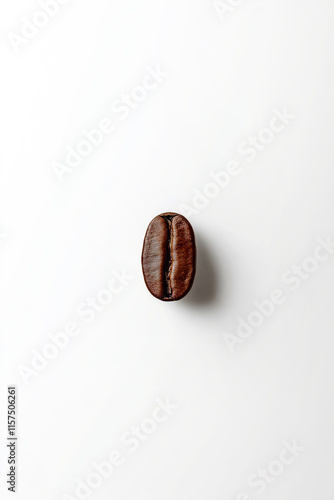 Isolated shot of a single coffee bean perfectly centered on a plain white vertical background, ultra-minimalist aesthetic.
