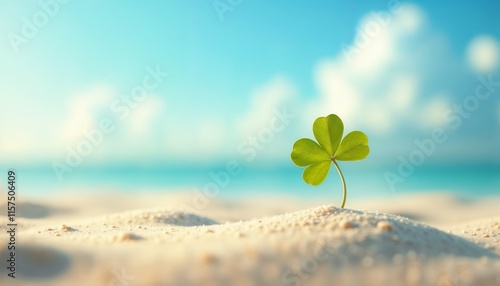 Four leaf clover growing on sandy beach with blue ocean background
