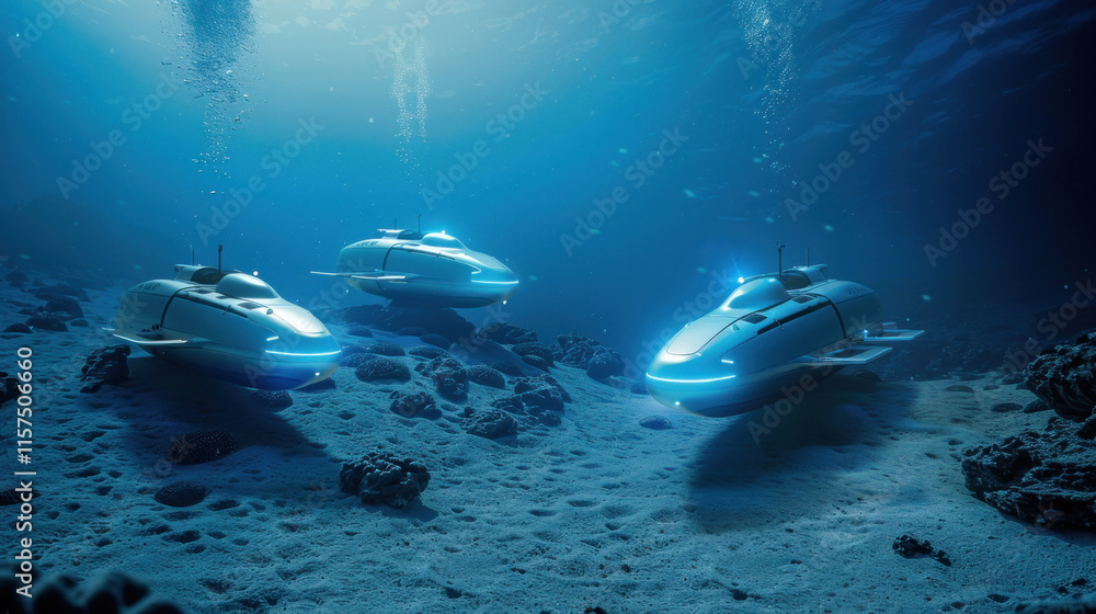 Fototapeta premium A futuristic underwater scene featuring robotic submarines scanning the ocean floor for artifacts
