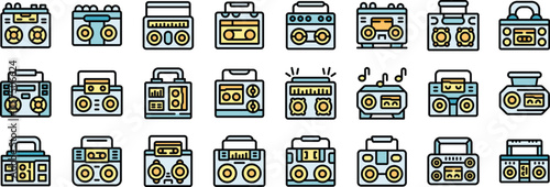 Various boombox icons representing portable music players, ghetto blasters, and sound systems in different styles