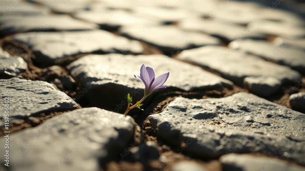 A delicate purple flower bravely pushing through the cracks in a stone pavement, symbolizing resilience and the beauty of unexpected growth.