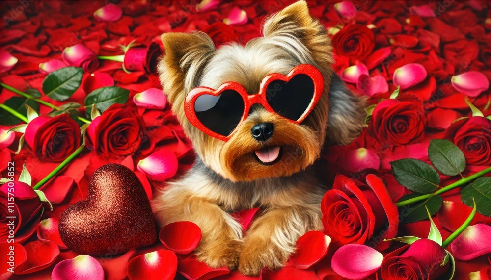 Obraz premium Yorkshire Terrier posing with heart sunglasses on a bed of petals