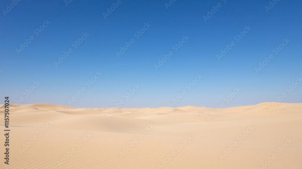 Vast and Serene Desert Landscape Under a Clear Blue Sky, Emphasizing the Beauty of Nature and the Harshness of Desert Environments and Sand Dunes