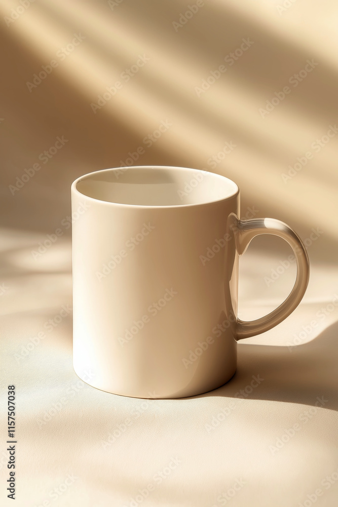 Minimalist shot of a clean white coffee mug on a smooth beige background, with subtle soft shadows. Minimalist shot of a clean white coffee mug on a smooth beige background, with subtle soft shadows.