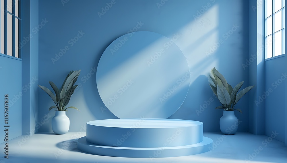 A blue monochromatic space features a tiered platform and large green plants in white vases. The soft light adds a modern, tranquil vibe. Podium, product display. A blue monochromatic space features a tiered platform and large green plants in white vases. The soft light adds a modern, tranquil vibe. Podium, product display.