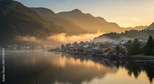 Serene Sunrise over Coastal Village Misty Mountains Calm Waters