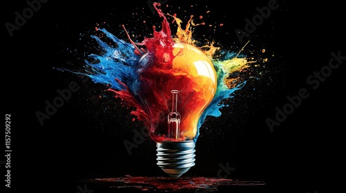 creative light bulb bursting apart, with vibrant splashes of colorful paint and liquid scattering dynamically in all directions against a deep black background.