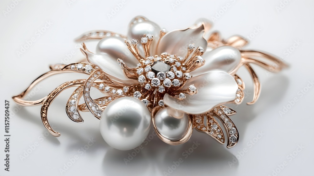 Elegant Rose Gold Pearl Diamond Brooch Flower Design Elegant Rose Gold Pearl Diamond Brooch Flower Design