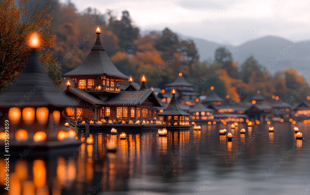 Fototapeta premium Illuminated Lakeside Asian Houses Autumn Night Scene