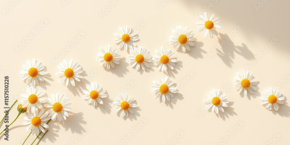 A Delicate Arrangement of White Daisies on a Soft Beige Background, Illuminated by Gentle Sunlight Creating Playful Shadows A Delicate Arrangement of White Daisies on a Soft Beige Background, Illuminated by Gentle Sunlight Creating Playful Shadows