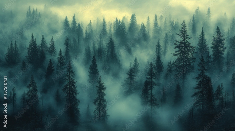 misty landscape featuring a dense fir forest shrouded in soft, ethereal fog. misty landscape featuring a dense fir forest shrouded in soft, ethereal fog.