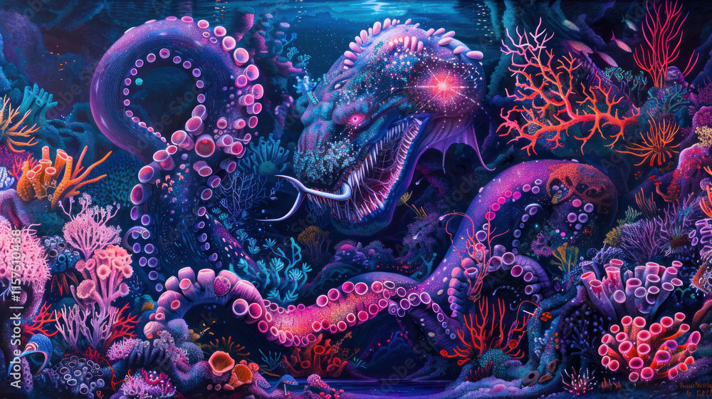 A surreal underwater realm featuring krakens and glowing sea serpents amidst vibrant coral landscapes A surreal underwater realm featuring krakens and glowing sea serpents amidst vibrant coral landscapes