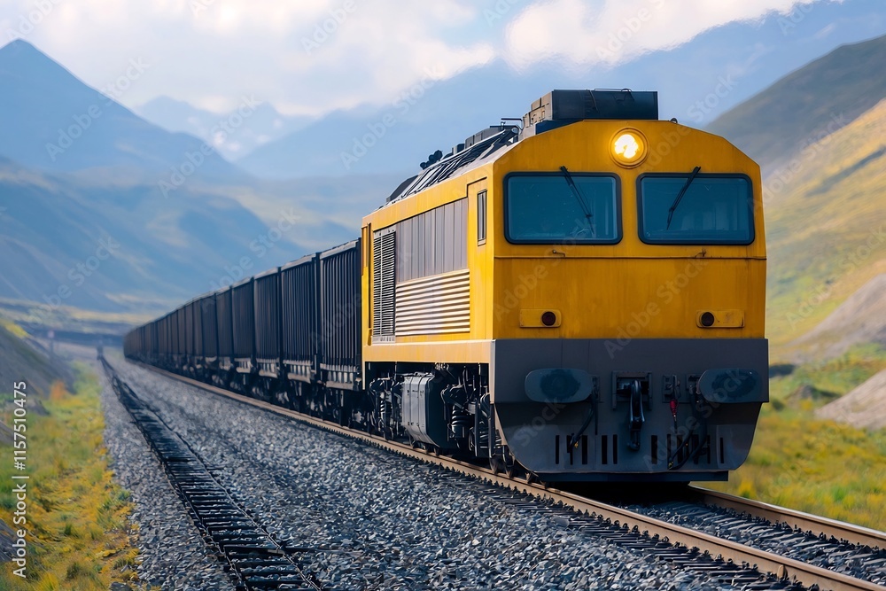 Powerful Locomotive Traversing Rugged Mountain Landscape Powerful Locomotive Traversing Rugged Mountain Landscape