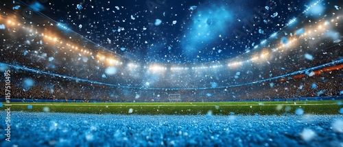 Snowy night stadium, soccer field.