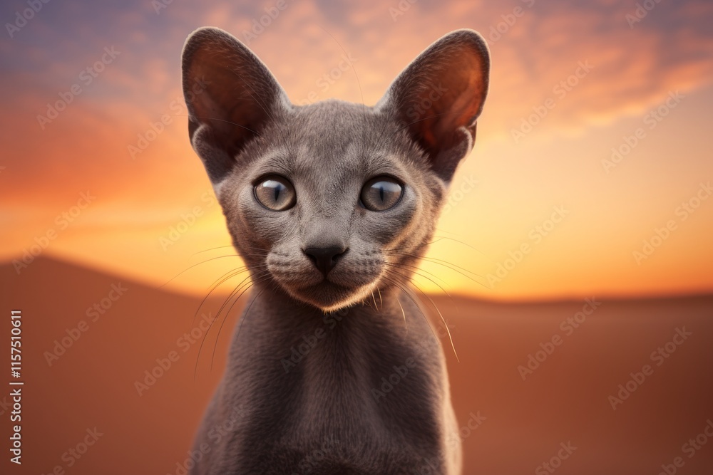 Portrait of a funny russian blue cat over backdrop of desert dunes Portrait of a funny russian blue cat over backdrop of desert dunes