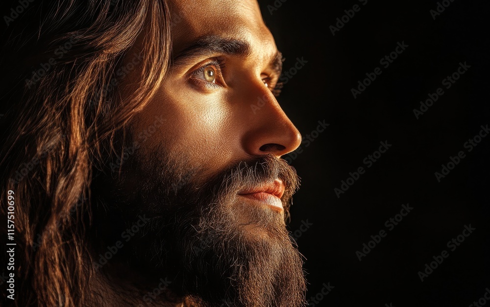 Obraz premium A striking, ultra-realistic stock photo of Jesus, with detailed facial features, long hair, and a soft beard, gazing upward against a solid black background.
