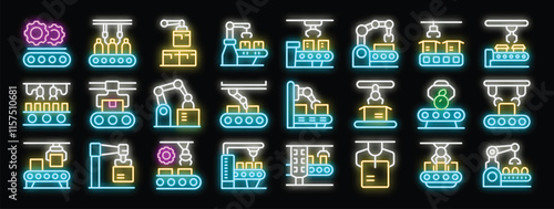 Neon icons representing automated conveyor belts, robotic arms handling packages, and various stages of production line processes