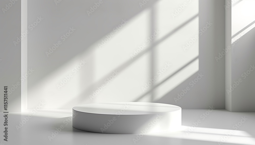 A sleek white platform is set against a bright, sunlit white interior. The interplay of natural light and shadows enhances the simplicity of the design. Podium, product display A sleek white platform is set against a bright, sunlit white interior. The interplay of natural light and shadows enhances the simplicity of the design. Podium, product display