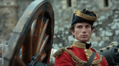 Young man in historical military uniform near cannon.