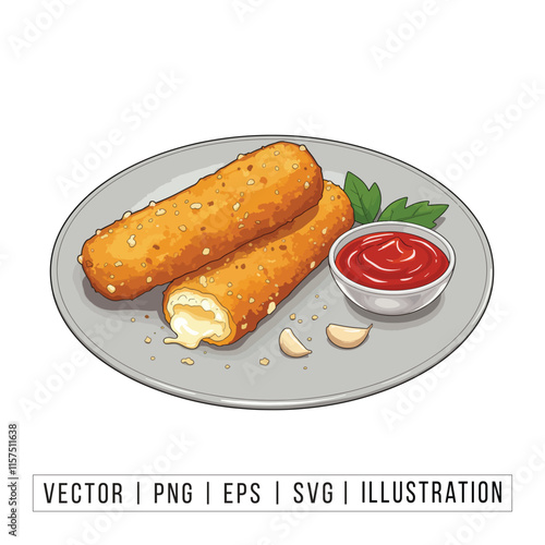 Delicious Crispy Mozzarella Sticks with Marinara Sauce - Vector Illustration