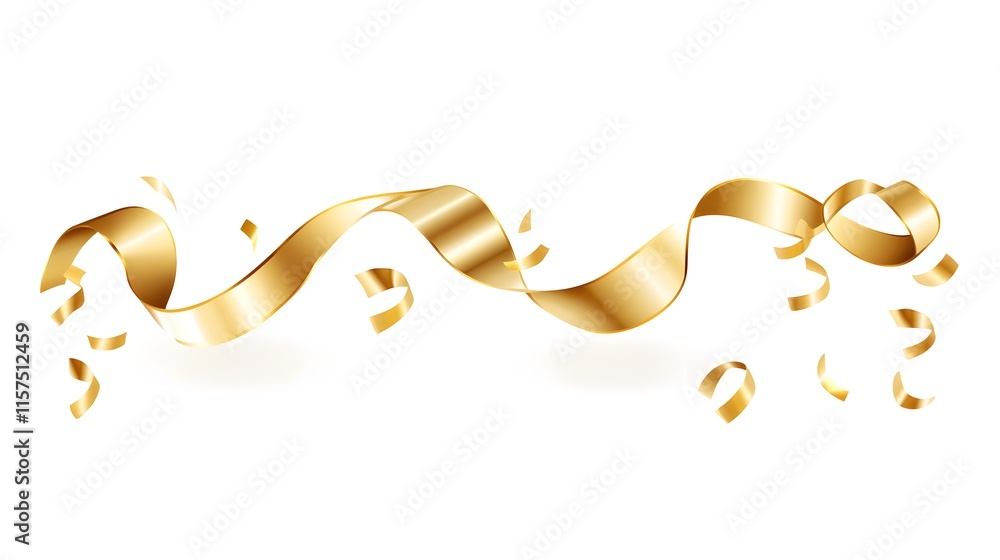 Golden ribbon swirls with confetti celebration Golden ribbon swirls with confetti celebration