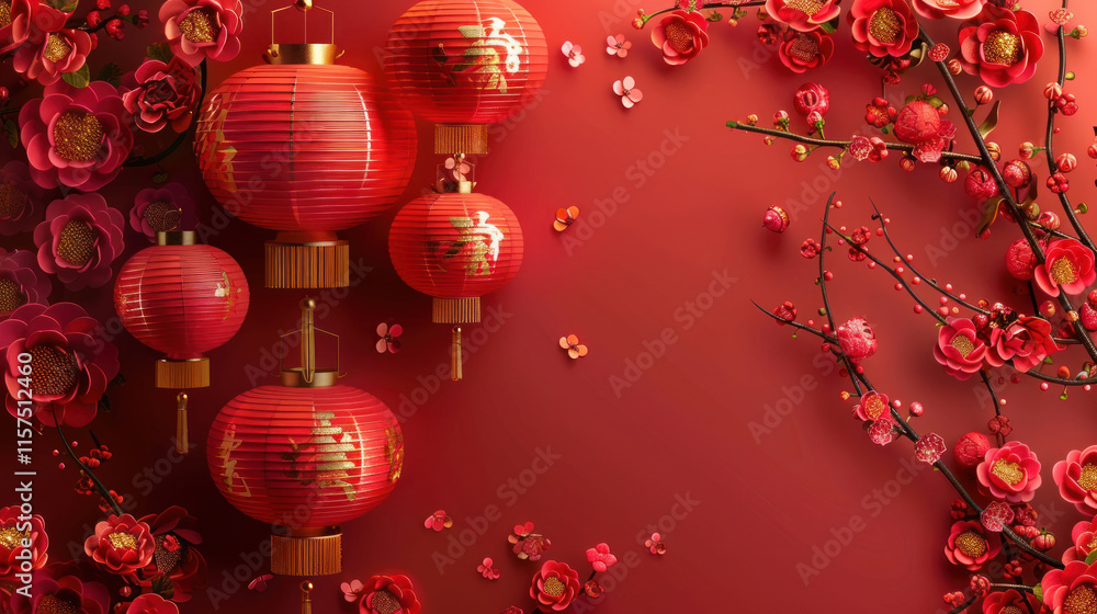 Fototapeta premium Chinese New Year 2025, traditional festive theme, vibrant colors, rich red and gold details, detailed cultural elements, high-resolution illustration