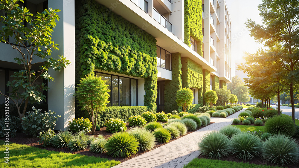 Obraz premium Modern residential building with green moss facade and landscaped pathway
