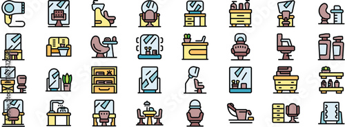 Colorful icons depicting various furniture and equipment found in a beauty salon, showcasing a comfortable and stylish environment