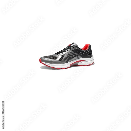 A Single Gray Black and Red Athletic Shoe photo