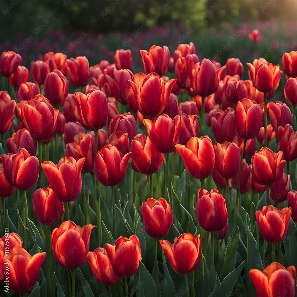 Fototapeta premium Dense vibrant red tulips blooming at dawn in a colorful flower field photography