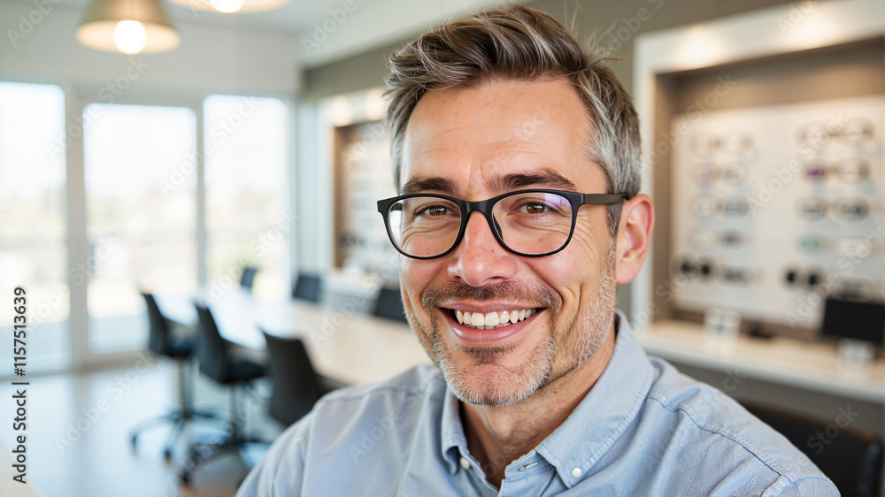 Confident middle-aged man with glasses smiling in optical store
Confident middle-aged man with glasses smiling in optical store