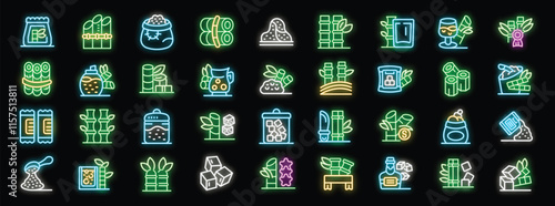 Bright neon icons showing sugar cane stalks, sugar production, refined sugar cubes and alcohol drink rum making