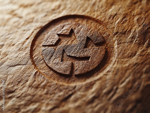 Intricate Circular Design Carved into Rustic Wooden Surface photo