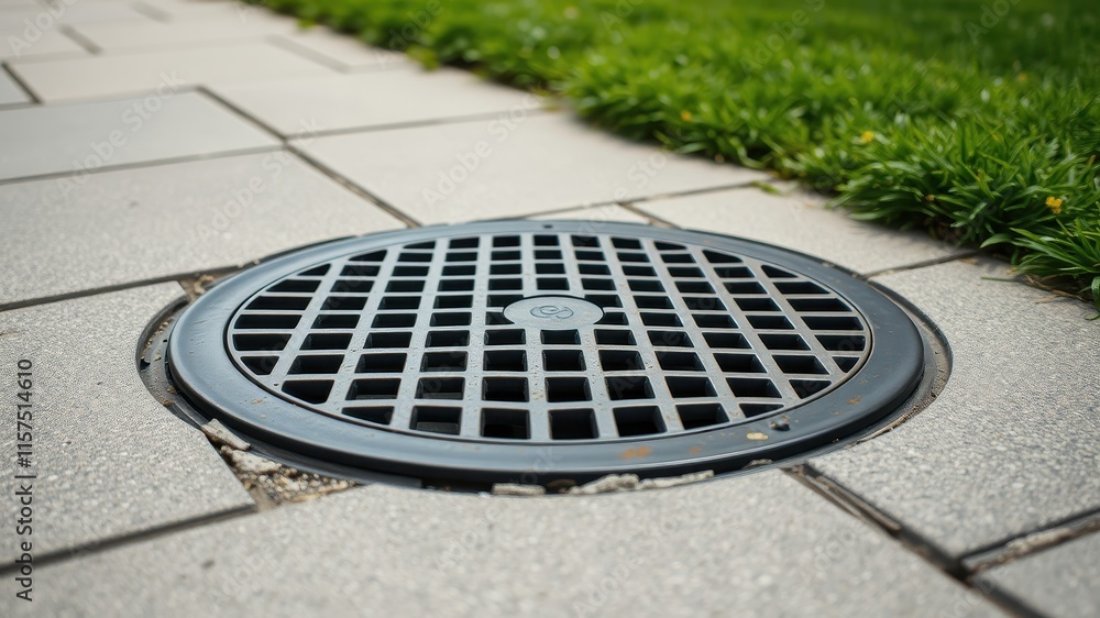 Fototapeta premium Close-up view of a square grid drainage cover set into a paved walkway next to a lawn