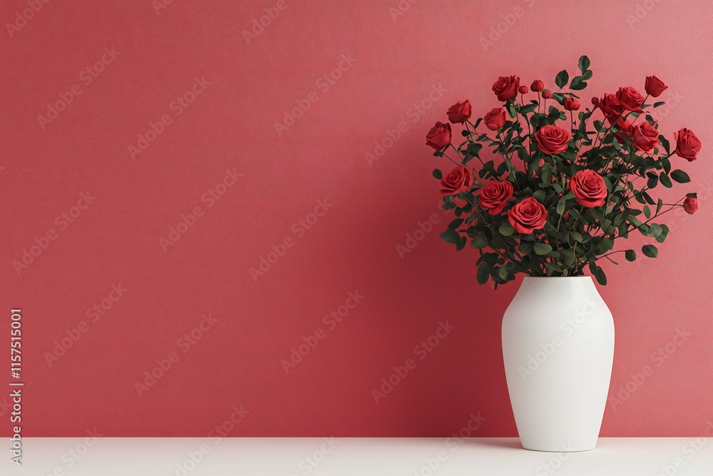 Fototapeta premium Valentine's Day Red Roses in White Vase Romantic Home Decor Valentines Day