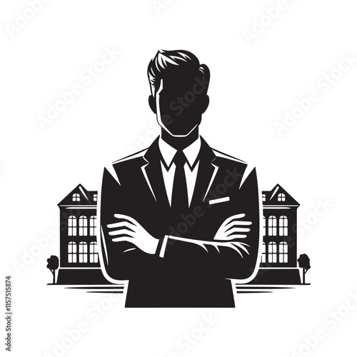 School principal with arms crossed silhouette vector black color design and solid white background 