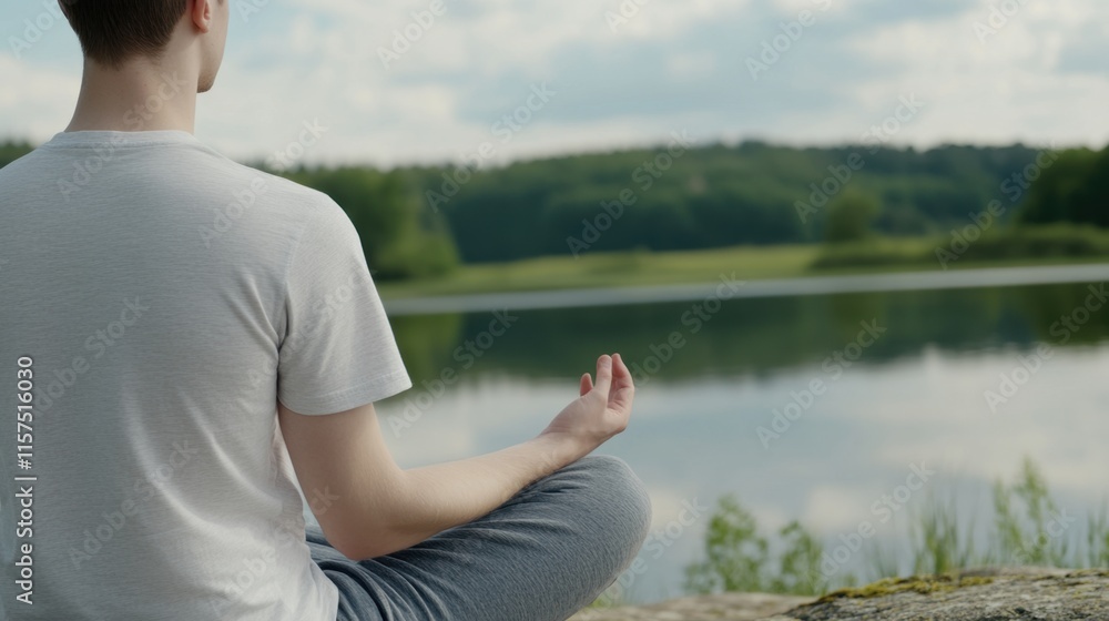 Serene Meditation by Calm Lake Amidst Lush Green Nature and Tranquility