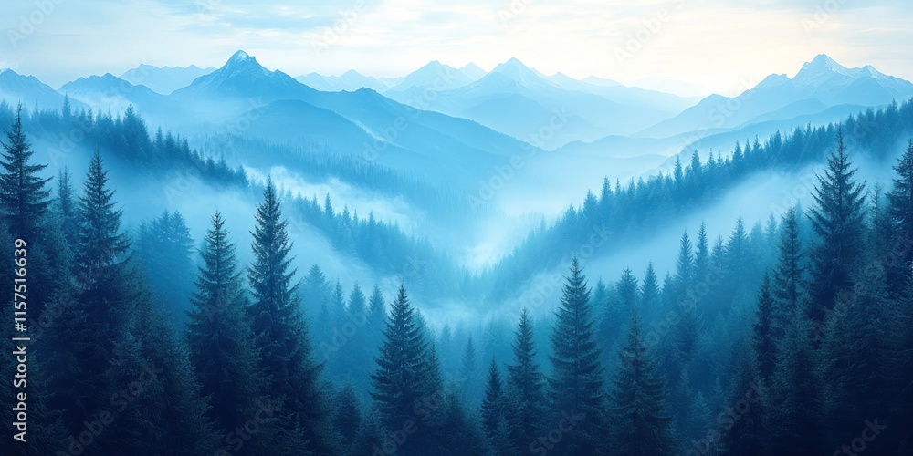 Obraz premium Photo realistic illustration of mountains forest fog morning mystic.