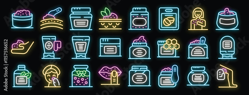 Neon icons representing various skin care products and their application, emphasizing natural ingredients and exfoliation