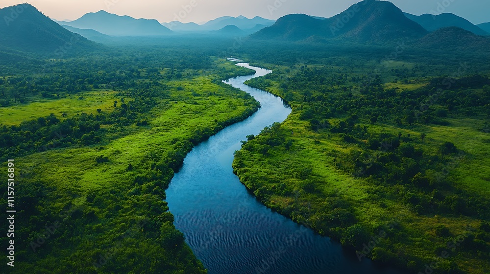 Serene River Winding Through Lush Green Mountains Serene River Winding Through Lush Green Mountains