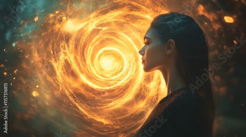 Enchanting cosmic energy swirl fantasy realm digital art mystical environment side view spiritual awakening photo